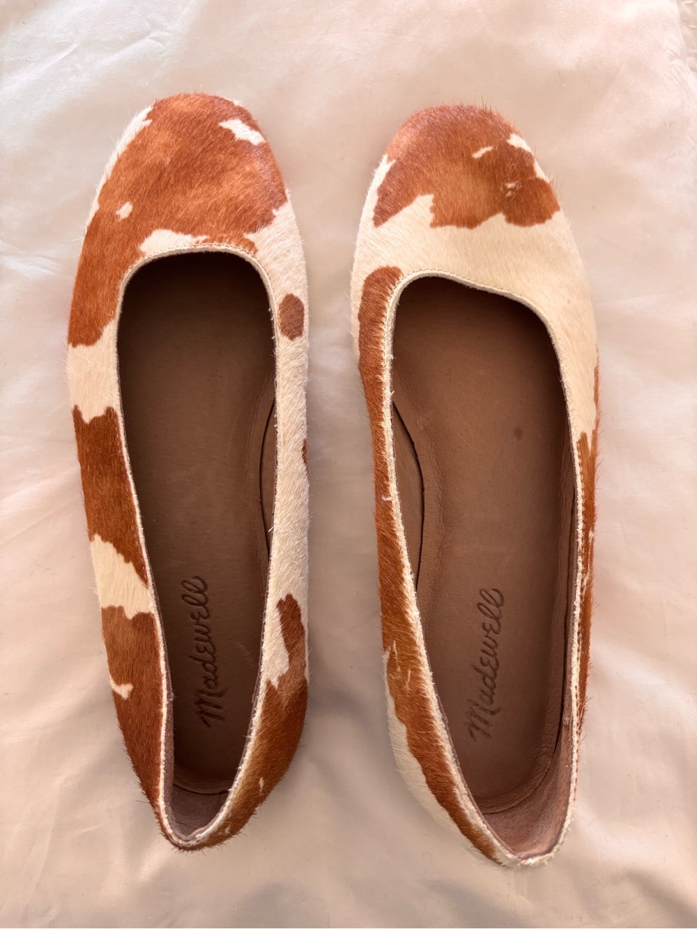 Madewell Greta Women's Cowhide Ballet Flats in Brown and White, size 8